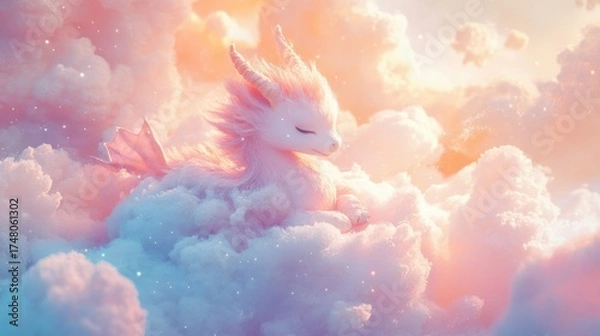 Fototapeta Fantasy dragon in fluffy clouds