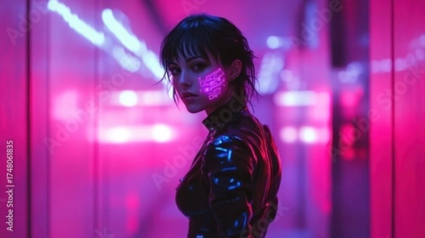 Fototapeta Woman in futuristic cyberpunk setting