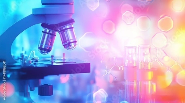 Fototapeta Microscope with blurred background in laboratory