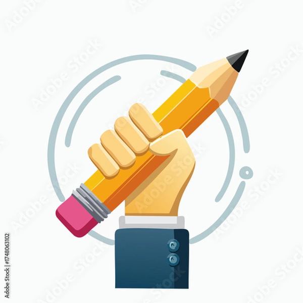 Fototapeta A stylized illustration of a hand in a suit jacket holding a large yellow pencil with a pink eraser.