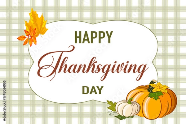 Fototapeta Congratulatory text on a checkered background.Vector Thanksgiving illustration with pumpkins and text in a frame on a checkered background.