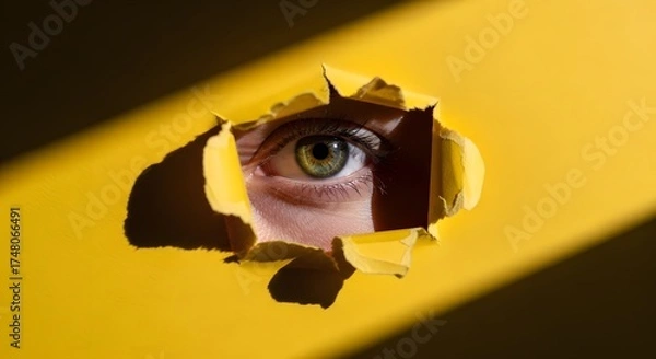 Fototapeta Intriguing eye peers through a torn yellow paper, casting a shadow and creating a sense of mystery and curiosity, inviting viewers to explore the unknown