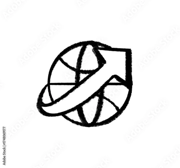 Fototapeta Hand-drawn, sketchy globe deign with arrow pointing upwards, global icon with transparent png background 