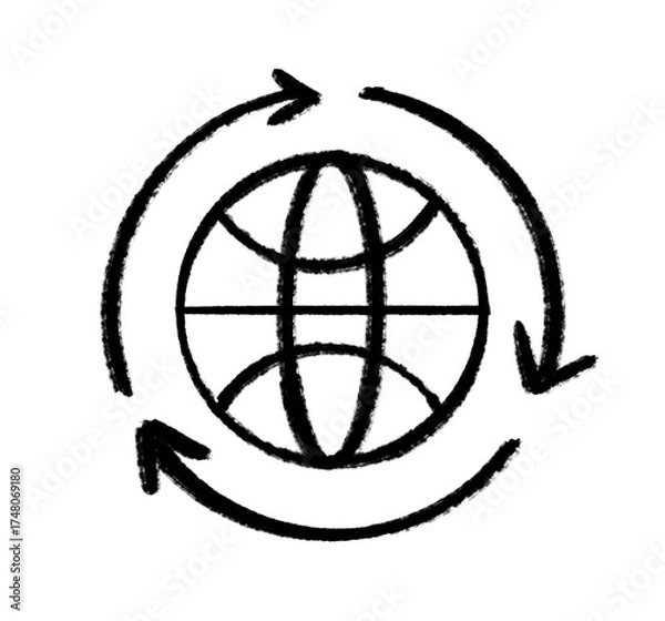 Fototapeta Hand-drawn, sketchy globe deign with arrows around planet, global icon with transparent png background´, global business symbol 