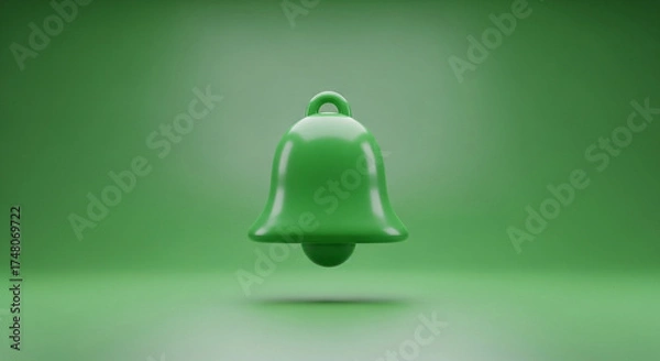 Fototapeta Floating Green Bell: Minimalist 3D Render of Notification Icon