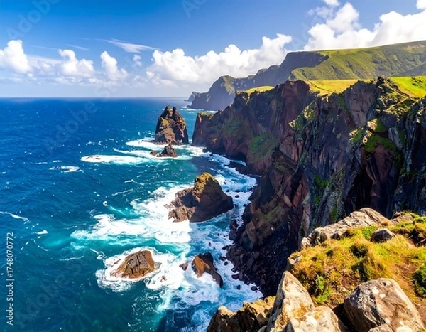 Fototapeta Dramatic coastal scenery.  Rocky cliffs meet a vibrant blue ocean, waves crashing against basalt formations. Lush, green vegetation clings to the cliffs.  A bright, sunny day with fluffy white clouds