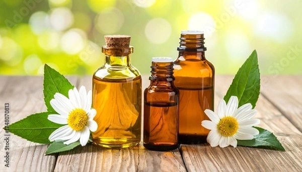 Obraz Three amber glass bottles of liquid, possibly essential oils, sit on a wooden surface.  Fresh chamomile flowers and leaves surround the bottles.  Blurred green background