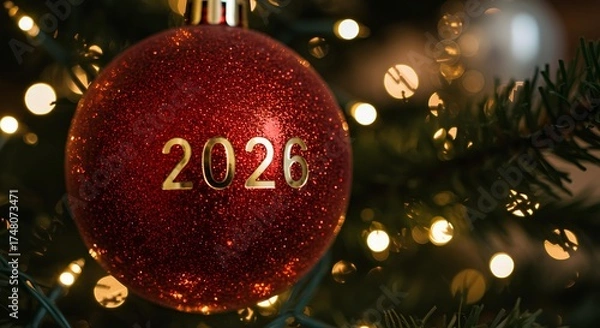 Fototapeta Red Christmas tree bauble with engraved 2026 year for holiday and New Year concepts. Closeup of Shiny Christmas ornament featuring engraved 2026 for festive decoration visuals