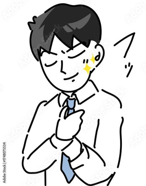 Fototapeta イケメン若手社員がネクタイを絞めつつカッコつけるベクターイラスト