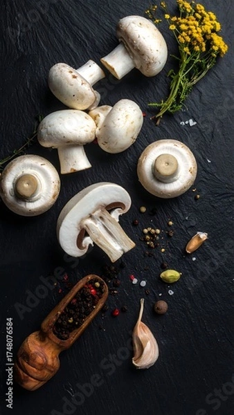 Fototapeta Fresh white mushrooms and spices on dark slate
