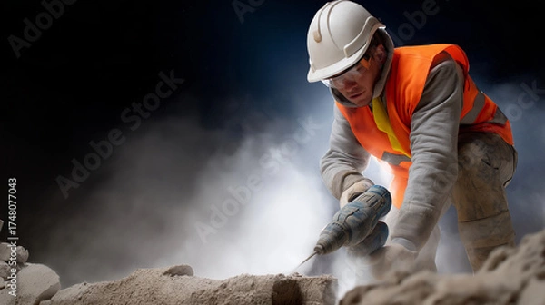 Fototapeta Worker using hammer drill to open damaged concrete section. A focused worker in full safety gear uses a hammer drill to remove cracked sections of a concrete foundation wall. Flyin