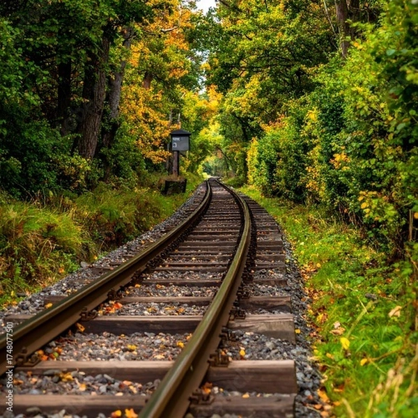 Fototapeta Winding railway tracks through a vibrant autumnal forest