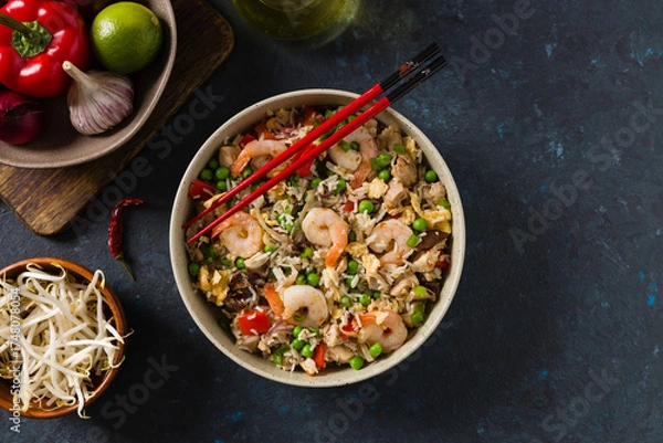 Fototapeta Fried rice with vegetables and seafood