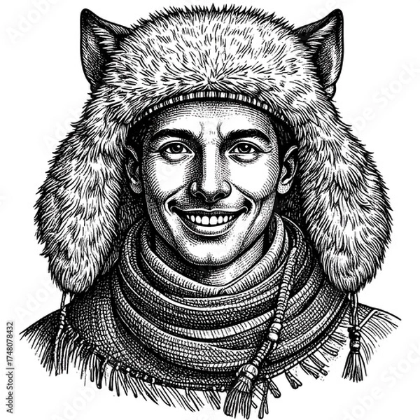 Fototapeta Smiling man in a fur-trimmed hat and scarf.  Detailed black and white illustration