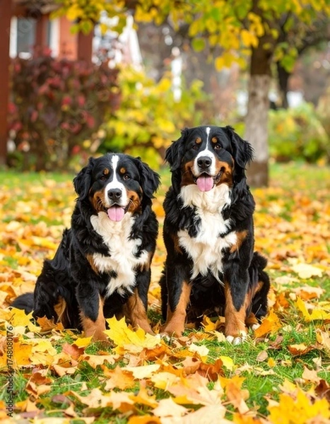 Obraz Two Bernese Mountain Dogs in autumn leaves