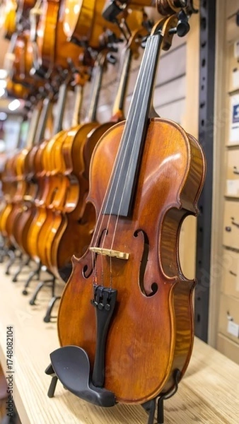 Fototapeta Rows of violins, showcasing rich, warm tones.  A display of instruments in a music store