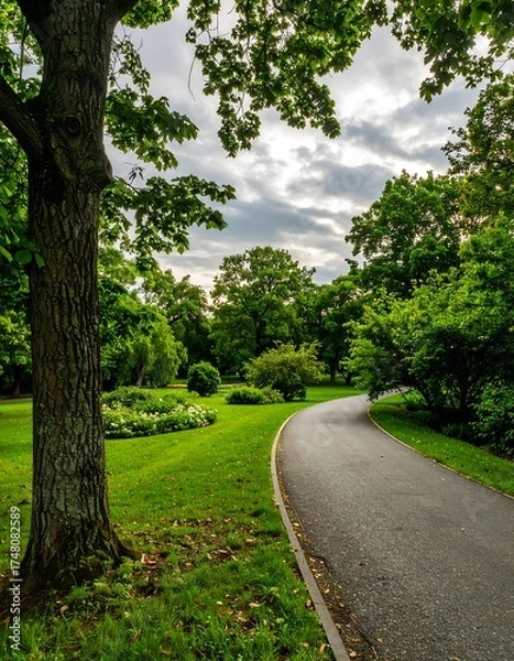 Fototapeta Park Pathway Underneath a Cloudy Sky