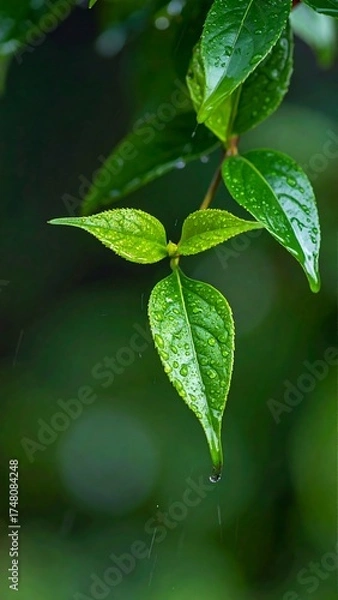 Obraz Close-up of vibrant green leaves glistening with raindrops