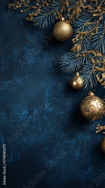 Obraz A glamorous christmas background with a dark blue background and golden decorations for the holidays, with space for text. Festive dark background for Christmas, vertical banner, copy space
