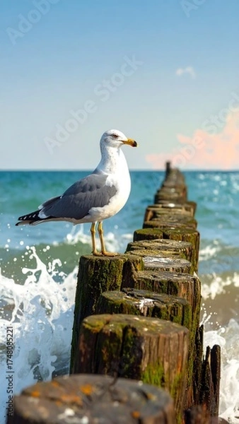 Obraz Seagull perched on wooden groynes, ocean waves crashing
