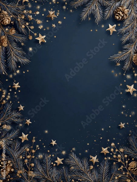 Obraz A glamorous christmas background with a dark blue background and golden decorations for the holidays, with space for text. Festive dark background for Christmas, vertical banner, copy space