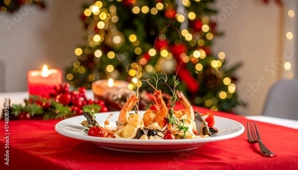Obraz Festive pasta dish with shrimp and vegetables, Christmas background