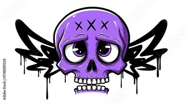 Fototapeta Sad skull with wings and xxx eyes isolated on white background cartoon skull with sad expression and graffiti style wings