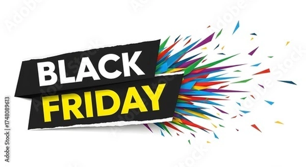 Fototapeta Black friday sale banner isolated on white background, featuring a bold design with colorful burst, perfect for advertising campaigns and promotional materials