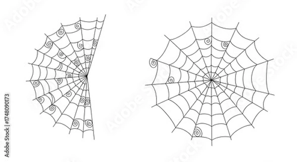 Fototapeta Two spiderwebs isolated on white background, one is a half web and the other is a full web, both are drawn in a simple black line art style