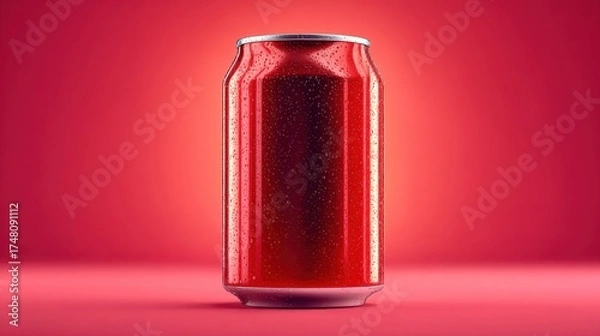 Fototapeta A close up studio shot of a red beverage can with condensation droplets on its surface. The can is centered against a seamless red background with soft studio lighting.