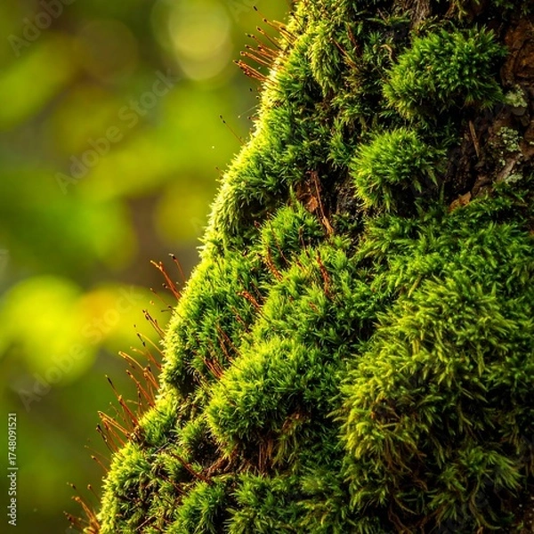 Obraz Close-up of vibrant green moss clinging to a tree trunk.  Sunlight highlights the textured surface.  Blurred background of out-of-focus greenery