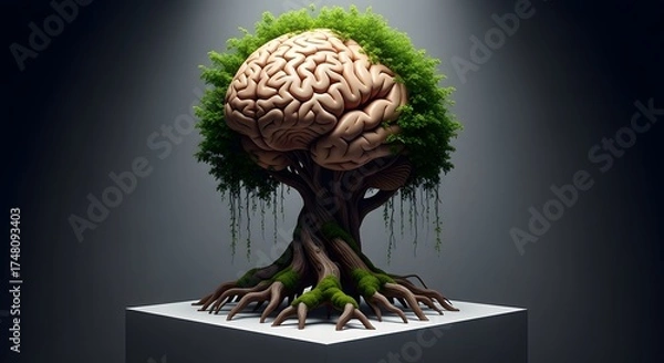 Fototapeta A tree with a brain as its crown, symbolizing intelligence, growth, and the power of knowledge, set against a dark, contemplative backdrop