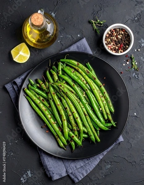 Fototapeta Roasted green beans on a dark plate, garnished with chili flakes