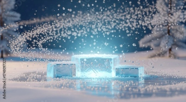 Fototapeta Icy Podium Display with Glowing Light and Snowfall Against Winter Background