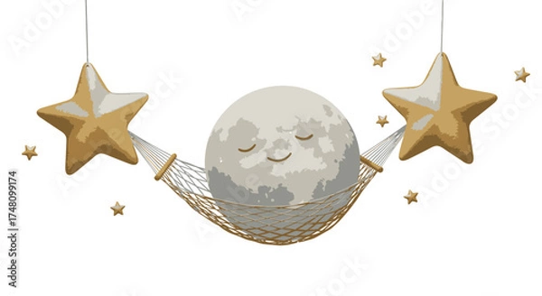 Fototapeta Moon resting in a hammock with stars cartoon illustration isolated