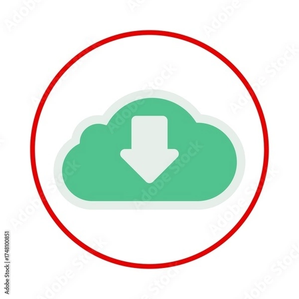 Fototapeta Green cloud icon with download arrow inside red circle