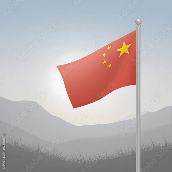 Fototapeta Chinese flag waving over a misty mountain range