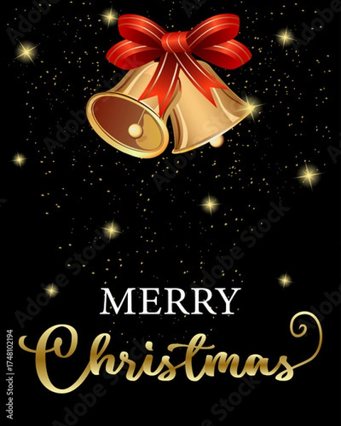 Fototapeta Greeting card with golden bells.Vector illustration of Christmas with golden bells and text on black background with decor.