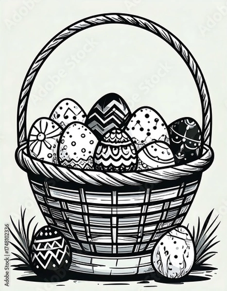 Obraz Black and white basket of decorated Easter eggs