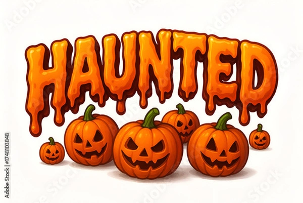 Obraz Halloween haunted text with smiling pumpkins and dripping orange letters spooky celebration design