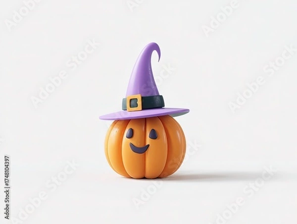 Fototapeta 3D Clay Cartoon Halloween Pumpkin with Purple Witch Hat, Isolated on Transparent Background, Flat Lay Cutout Template Design