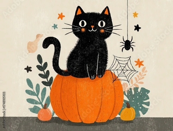 Fototapeta Minimalist Halloween vector illustration of black cat on pumpkin with spider web, flat pastel design for holiday background and sticker