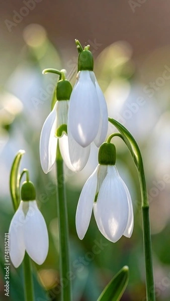 Fototapeta Close-up of delicate white snowdrops, bathed in sunlight