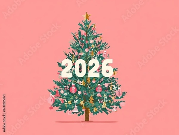 Fototapeta 2026 Christmas Tree Card Design with Pastel Pink Background, Flat Paper-Cut Style Vector Illustration