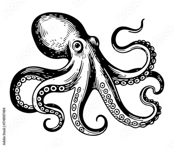 Obraz Octopus vector engraving style illustration