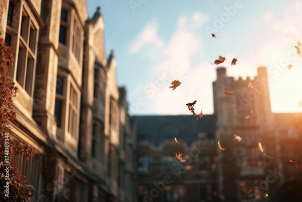 Obraz Golden Hour Casts a Warm Glow Over a Traditional University Campus With Falling Autumn Leaves