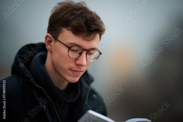 Fototapeta Student Reviewing Notes on University Campus, Wearing Jacket and Glasses, Studying Intently