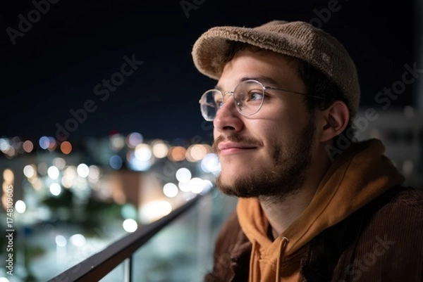 Obraz Student Gazes at Cityscape From University Campus on a Dark Night, Contemplating Future