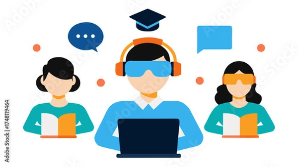 Obraz People learning with VR headsets and laptop on white background