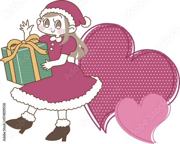 Obraz サンタクロースの衣装を着てプレゼントを持った女の子のイラスト